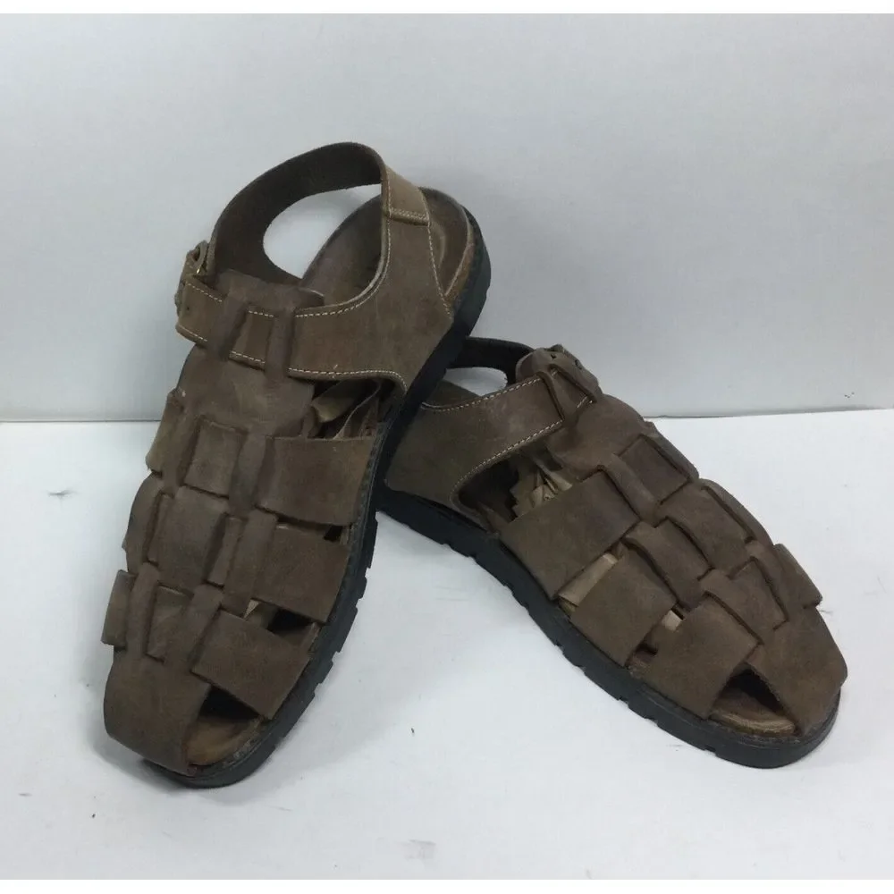 AE Brand Footgear brown leather mens‎ Sandals Size 10 fisherman strap Made Spain